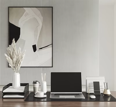 Modern Home Office Workspace With Black White Abstract Painting Striped Wallpaper And Laptop 3d model