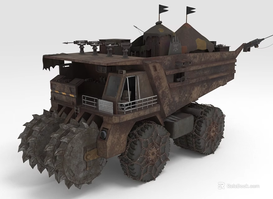 Rusty Armored Heavy Duty Vehicle With Spiked Wheels Weapons Flags And Metal Structure 3d model 