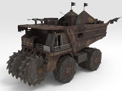 Rusty Armored Heavy Duty Vehicle With Spiked Wheels Weapons Flags And Metal Structure 3d model
