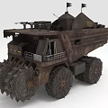 Rusty Armored Heavy Duty Vehicle With Spiked Wheels Weapons Flags And Metal Structure