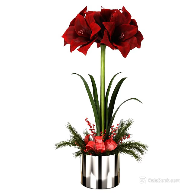 Potted Bonsai Plant With Red Flowers Green Stems Silver Pot Decorative Greenery And Red Berries 3d model 