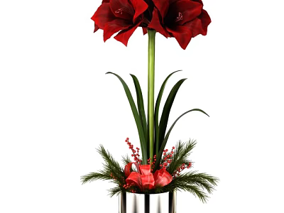 Potted Bonsai Plant With Red Flowers Green Stems Silver Pot Decorative Greenery And Red Berries 3d model