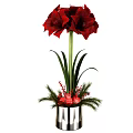 Potted Bonsai Plant With Red Flowers Green Stems Silver Pot Decorative Greenery And Red Berries