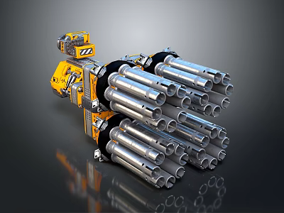 Heavy Duty Multiple Barrel Weapon with Yellow Control Unit and Silver Barrels Mechanical Design 3d model