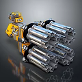 Heavy Duty Multiple Barrel Weapon with Yellow Control Unit and Silver Barrels Mechanical Design