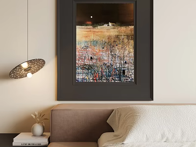 Black Framed Abstract Painting With Colorful Brushstrokes In Modern Living Room Interior 3d model