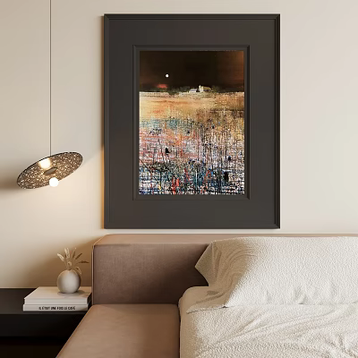 Black Framed Abstract Painting With Colorful Brushstrokes In Modern Living Room Interior 3d model