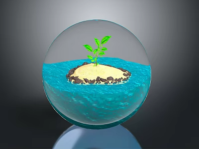 Transparent Sphere Interior With Small Island Green Plant And Blue Water 3d model
