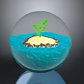 Transparent Sphere Interior With Small Island Green Plant And Blue Water