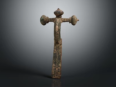Ancient Carved Totem Sculpture With Ornate Top And Circular Side Ornaments 3d model