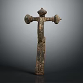 Ancient Carved Totem Sculpture With Ornate Top And Circular Side Ornaments
