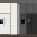 Modern Kitchen Appliances With White And Dark Gray Cabinets Including Refrigerators And Ovens
