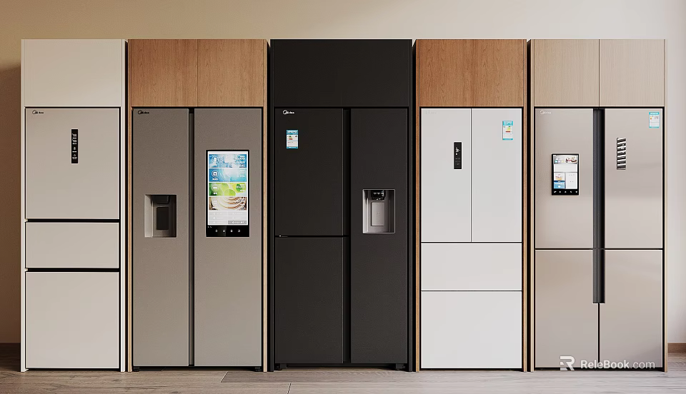 Modern Refrigerators And Freezers In Multiple Colors With Digital Screens And Ice Dispensers 3d model 