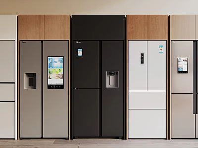 Modern Refrigerators And Freezers In Multiple Colors With Digital Screens And Ice Dispensers 3d model