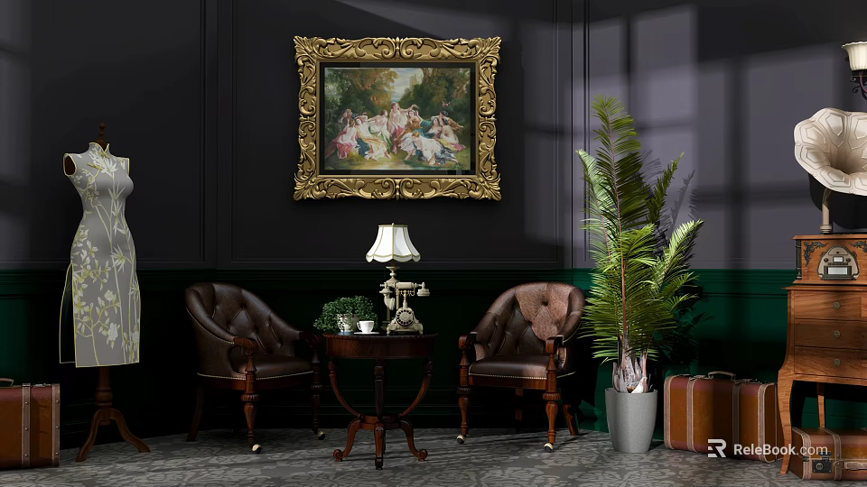 Vintage Interior Design With Golden Framed Painting Brown Leather Chairs Green Plant And Table Lamp 3d model 