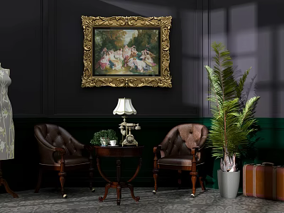 Vintage Interior Design With Golden Framed Painting Brown Leather Chairs Green Plant And Table Lamp 3d model