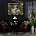 Vintage Interior Design With Golden Framed Painting Brown Leather Chairs Green Plant And Table Lamp