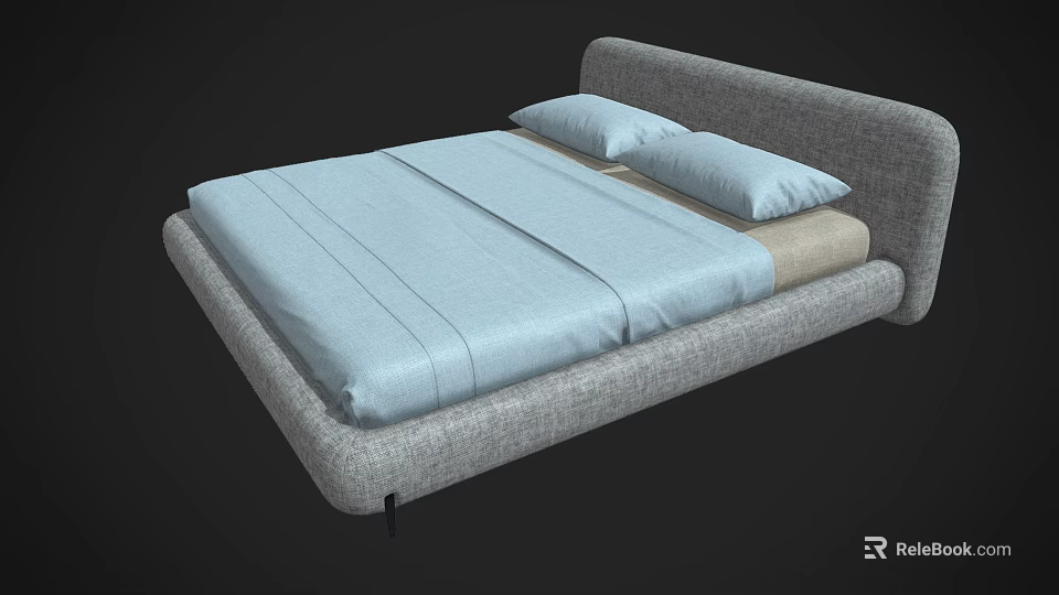 Modern Upholstered Double Bed With Gray Frame Light Blue Sheet And Pillows 3d model 