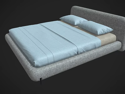 Modern Upholstered Double Bed With Gray Frame Light Blue Sheet And Pillows 3d model