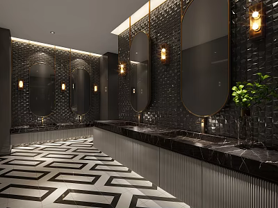 Hotel Bathroom Interior With Black Tile Walls Round Mirrors And Marble Countertops 3d model
