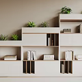 Modern White Wooden File Cabinet With Open Shelves And Potted Plants