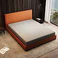 Double Bed With Orange Headboard Wooden Frame Gray Mattress Nightstand Lamp And Sea View