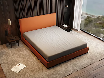 Double Bed With Orange Headboard Wooden Frame Gray Mattress Nightstand Lamp And Sea View 3d model