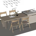 Modern Bar Counter With Dining Table Light Wood Chairs Hanging Lights Sink And Vase Plant