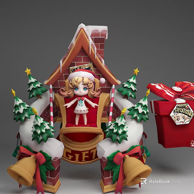 Game Movie Character in Snowy Christmas Themed House with Christmas Trees and Red Gift Box 3d model 