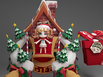 Game Movie Character in Snowy Christmas Themed House with Christmas Trees and Red Gift Box 3d model