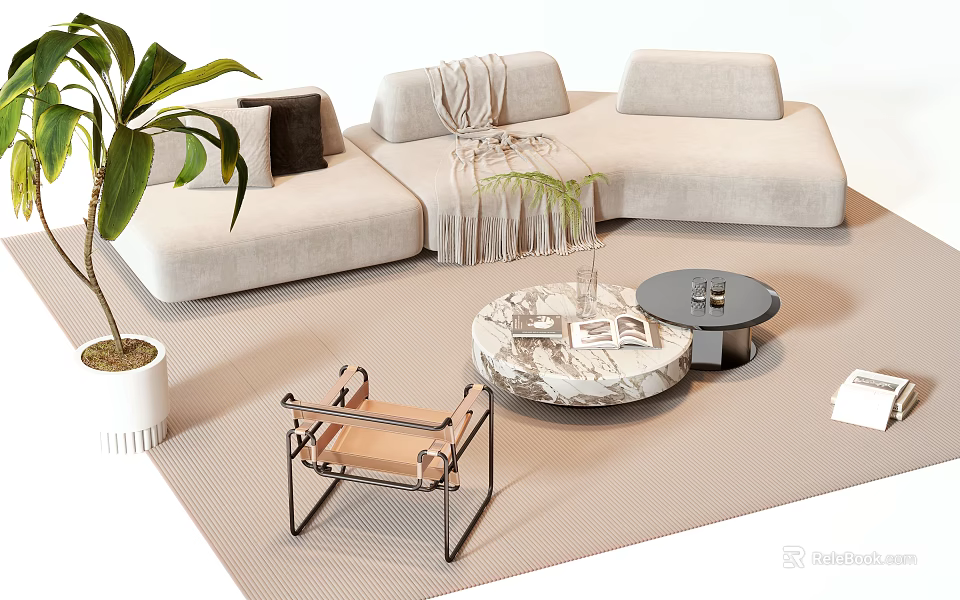 Modern Beige Sofa Coffee Table Set with Marble Top Metal Frame and Green Plant 3d model 