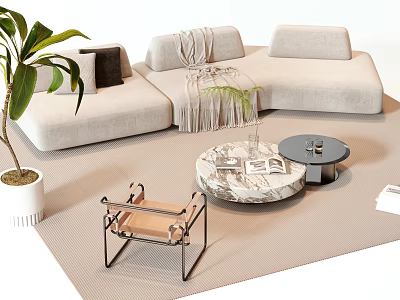 Modern Beige Sofa Coffee Table Set with Marble Top Metal Frame and Green Plant 3d model