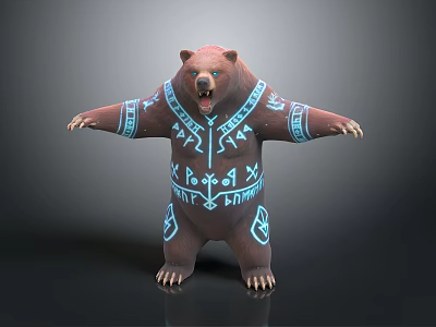 Brown Bear Statue With Blue Geometric Patterns And Outstretched Arms 3d model