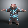 Brown Bear Statue With Blue Geometric Patterns And Outstretched Arms
