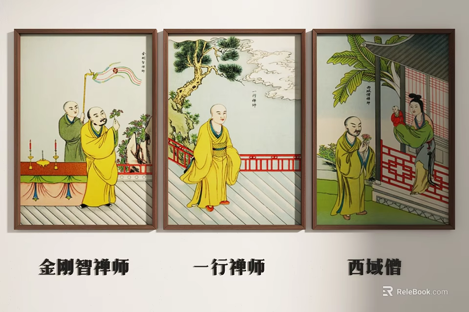 Traditional Chinese Portrait Paintings of Three Zen Masters in Classical Historical Style 3d model 