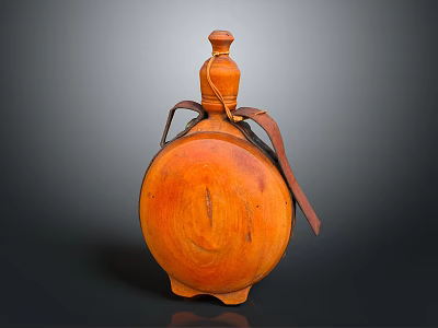 Orange Wooden Wine Flask With Leather Strap On Gray Background 3d model