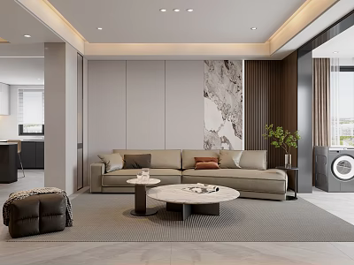 Contemporary Living Room Interior Design With Light Gray Sofa Round Coffee Tables And Marble Art 3d model