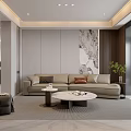 Contemporary Living Room Interior Design With Light Gray Sofa Round Coffee Tables And Marble Art