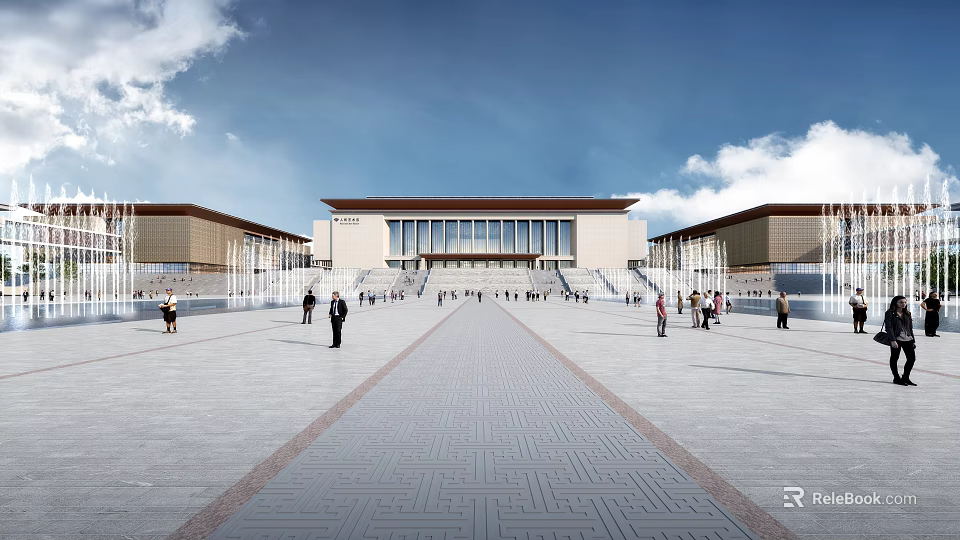 Traditional Style Museum Building With Wide Plaza Front Steps And People Walking 3d model 