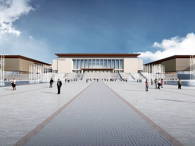 Traditional Style Museum Building With Wide Plaza Front Steps And People Walking 3d model