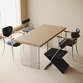 Modern Light Wood Table With Glass Legs And Black Metal Chairs Set