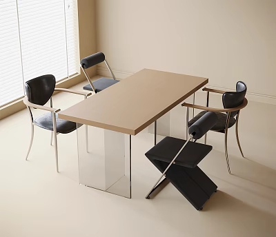 Modern Light Wood Table With Glass Legs And Black Metal Chairs Set 3d model