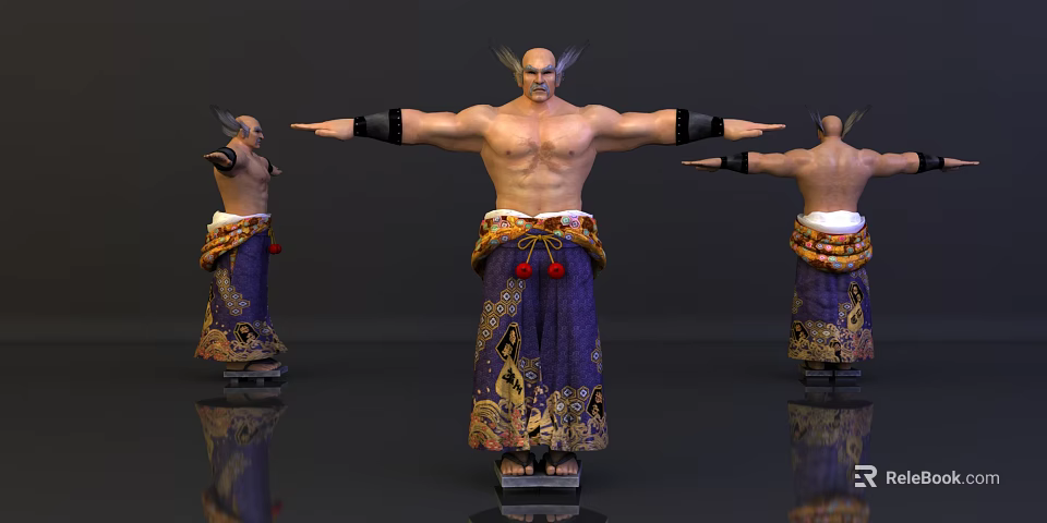 Muscular Bald Game and Movie Character With Horns Purple Robe Ornate Patterns Outstretched Arms 3d model 
