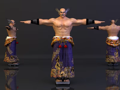 Muscular Bald Game and Movie Character With Horns Purple Robe Ornate Patterns Outstretched Arms 3d model
