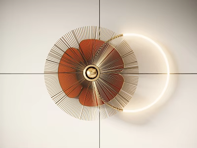 Modern Circular Wall Decor With Red Gold Radial Design And Illuminated Ring 3d model