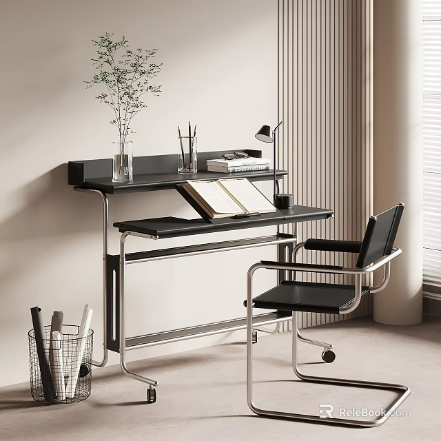 Modern Home Office Desk With Black Tabletop Metal Frame Chair And Potted Plant 3d model 