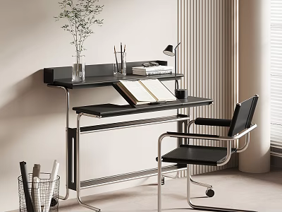 Modern Home Office Desk With Black Tabletop Metal Frame Chair And Potted Plant 3d model
