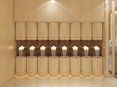 Elegant Wooden Display Shelves With Cylindrical Design For Jewelry Showcase And Lighting 3d model