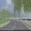 Serene Lakeside Garden Landscape With Curved Paved Road Weeping Willows And Neatly Placed Rest Benches
