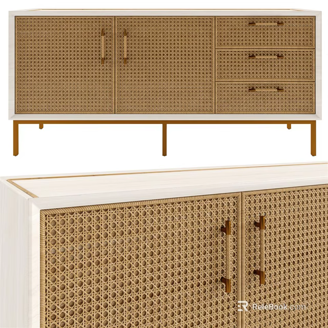 Modern Console Side Cabinet With Rattan Doors Gold Metal Legs And White Top Surface 3d model 